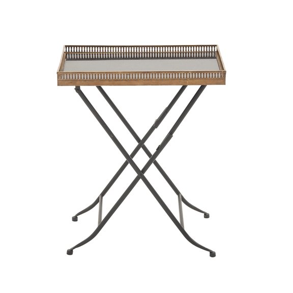 DecMode 21" x 25" Brass Metal Accent Table with Black Marble Tray Top and Metal Folding Legs, 1-Piece