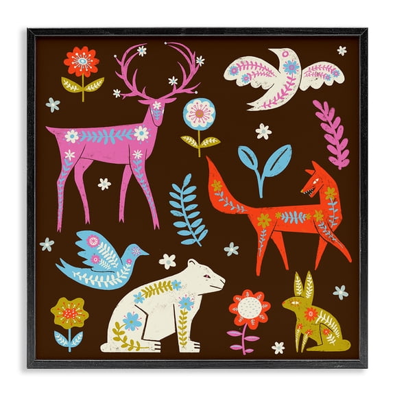 Stupell Industries Forest Folk Animals with Florals Animals Painting Black Framed Art Print Wall Art, 12 x 12