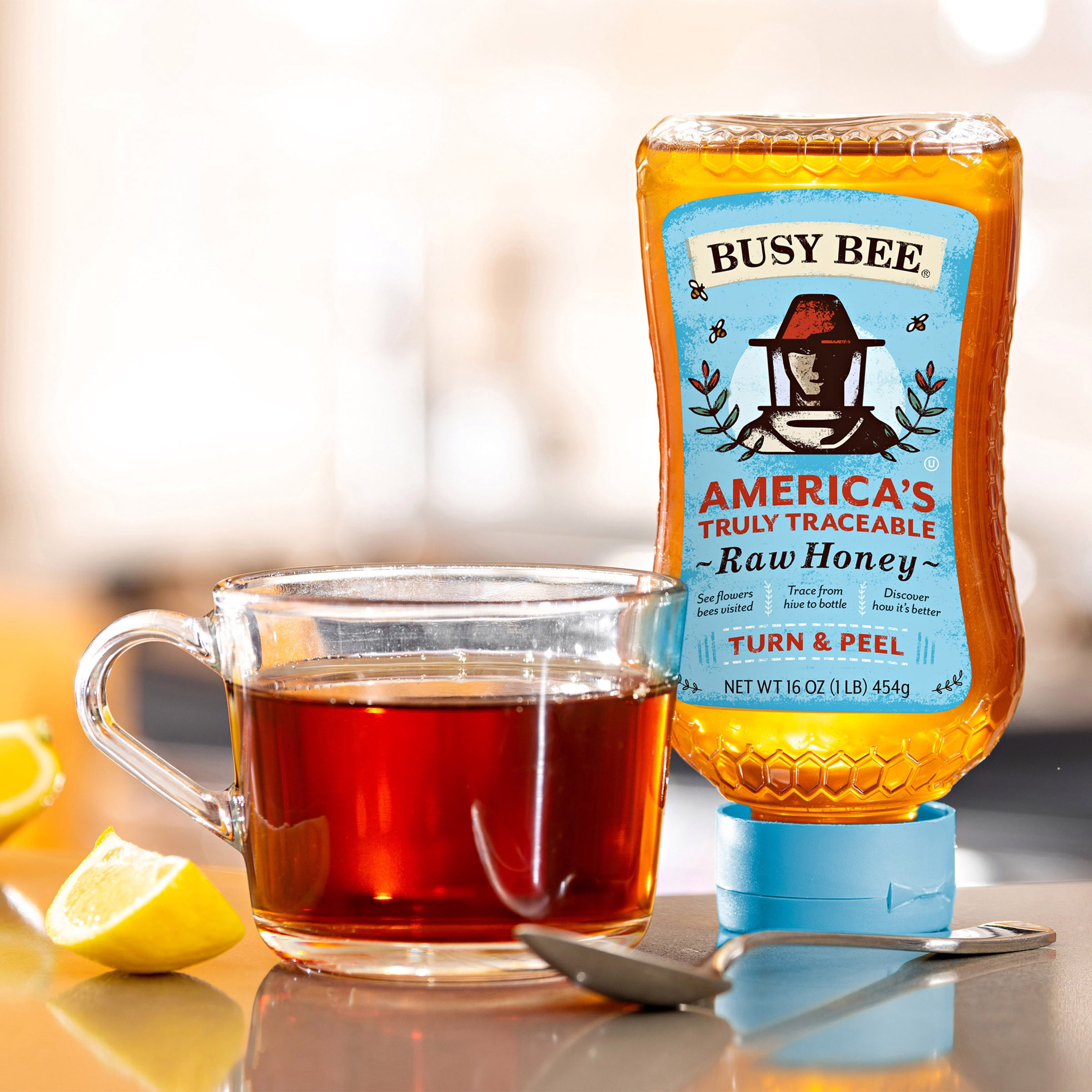 Busy Bee Raw USA Honey, 100% Traceable, 16 oz Squeeze Bottle, Peel The Back Label to Trace, No Allergens