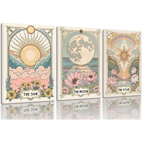 Vintage Tarot Astrology Wall Art Sun and Moon star Wall Decor Pictures Celestial Canvas Posters Prints for Living Room Bedroom Kitchen Office Cafe Bar Dormitory Hallway Home（Only canvas）
