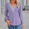 thumbnail image 2 of HAPIMO Sales Womens Slim Shirt Casual V Neck Lace Stitching Solid Color Long Sleeved Loose Tunic Shirt Daily Tops Teen Grils Fashion Clothes Purple M, 2 of 8