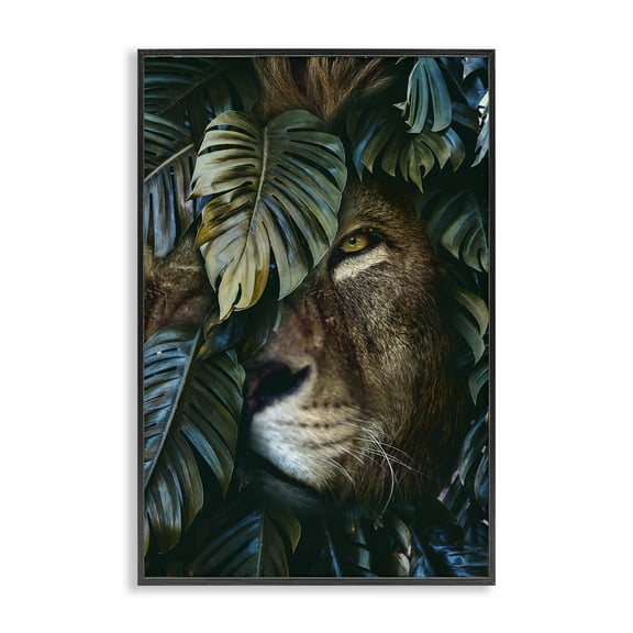 Stupell Industries Lion Peering Monstera Leaves Plants & Flowers Painting Black Framed Art Print Wall Art, 12 x 18