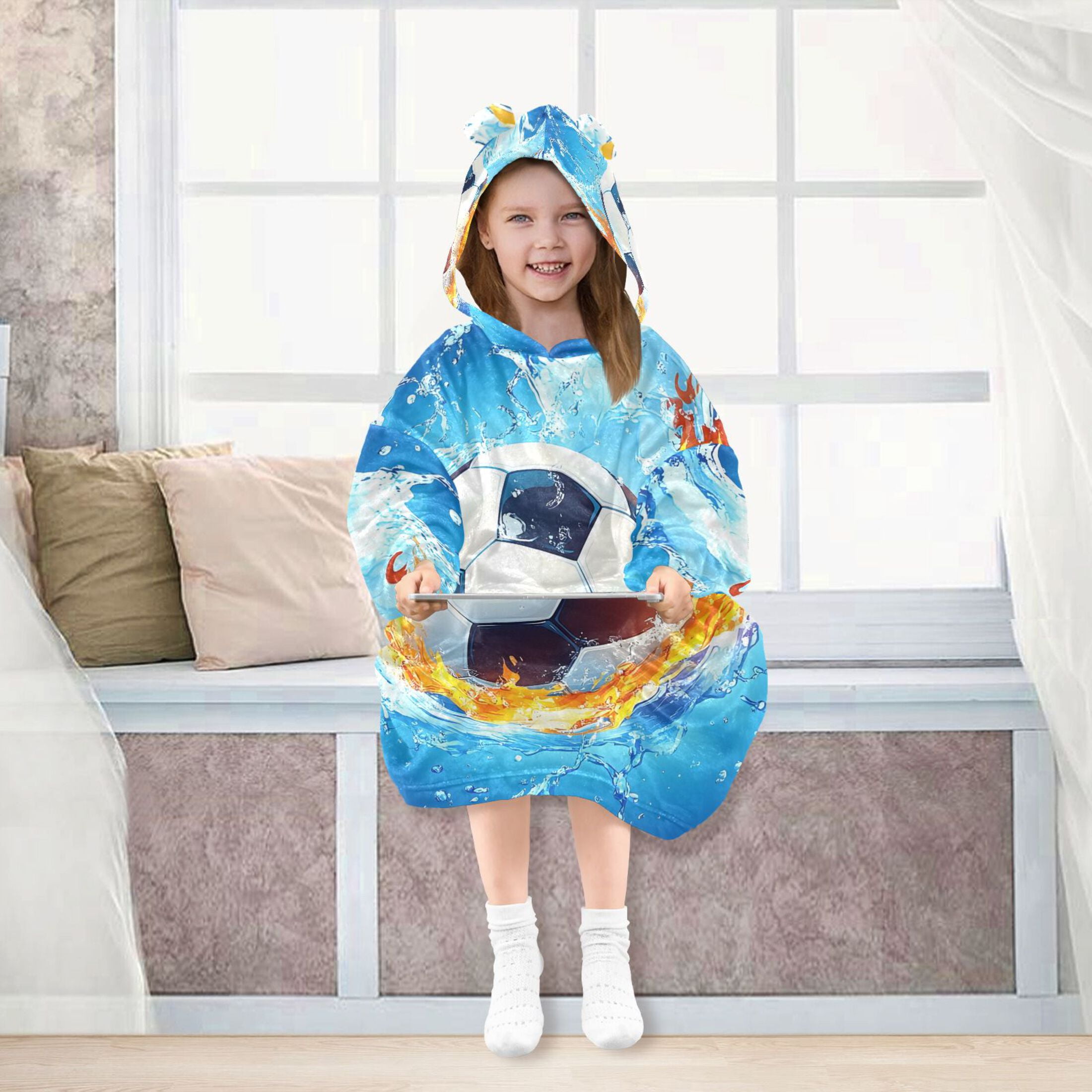 joogoo Wearable Blanket Hoodie Soccer Ball with Flame for Flannel Sherpa Pocket 3-14 YR L