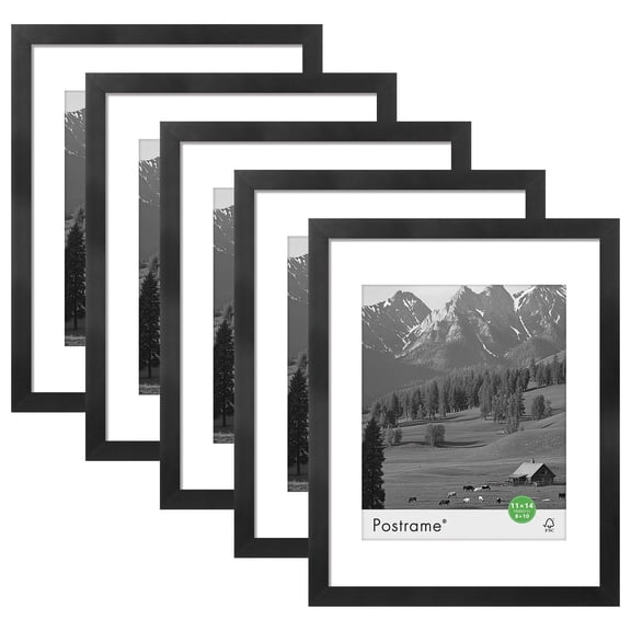 Postrame 5-Pack 11x14 Black Photo Frames, 8x10 with Mat or 11x14 without Mat, Wall Decor