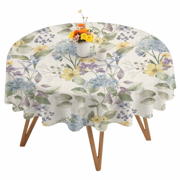 Blue Hydrangea Round Tablecloth 54 inches Watercolor Spring Yellow Floral Green Leaf Linen Texture Waterproof Oil-Proof Table Cloth Round Table Cover for Holiday Party Picnic Dinner Decor