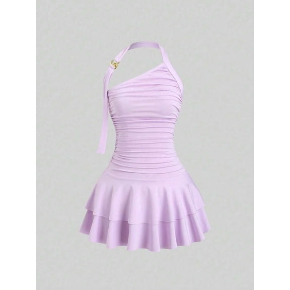 Lilac Purple Halter One-Shoulder Ruched Waist Tiered Mini Dress For Women Spring Summer