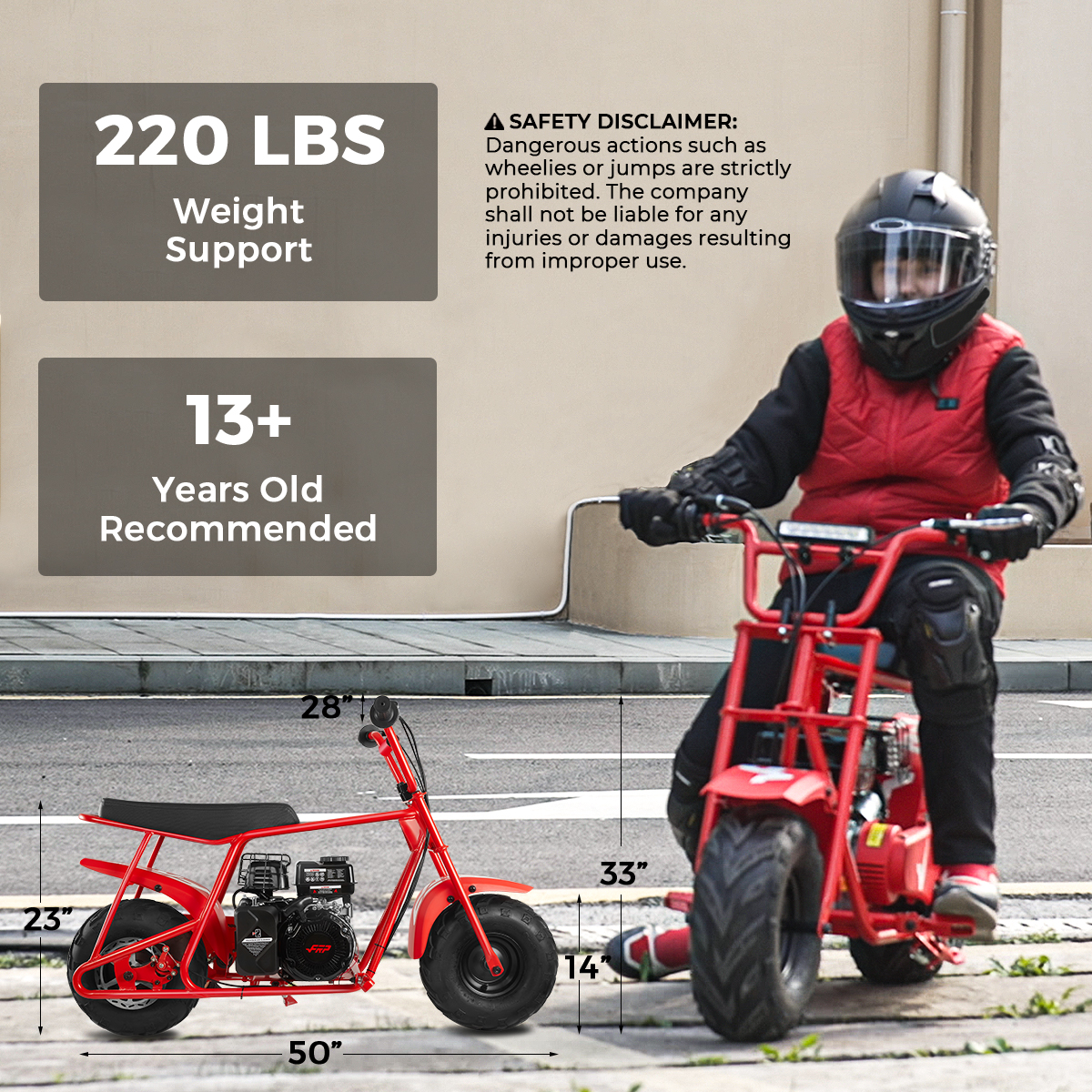 FRP GMB100 99cc Gas Powered Mini Dirt Bike with Training Wheels, 28MPH Off-Road Motorcycle for Teens and Adults, Up to 220 LBS, Enhanced Stability - Red