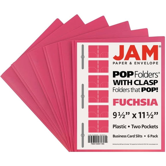 JAM Paper Plastic Pocket POP Folders with Metal Fastener Clasps, Fuchsia Hot Pink, 6 per Pack