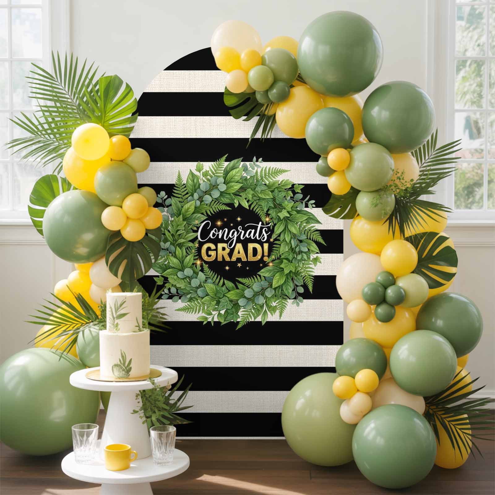 Graduate Season Arch Backdrop Cover 5 FT Congrats Grad Bachelor's Cap Leaf Wreath Black Stripes Stretchy Arch Stand Covers Spandex Arched Background Birthday Wedding Party Decoration (No Stand)