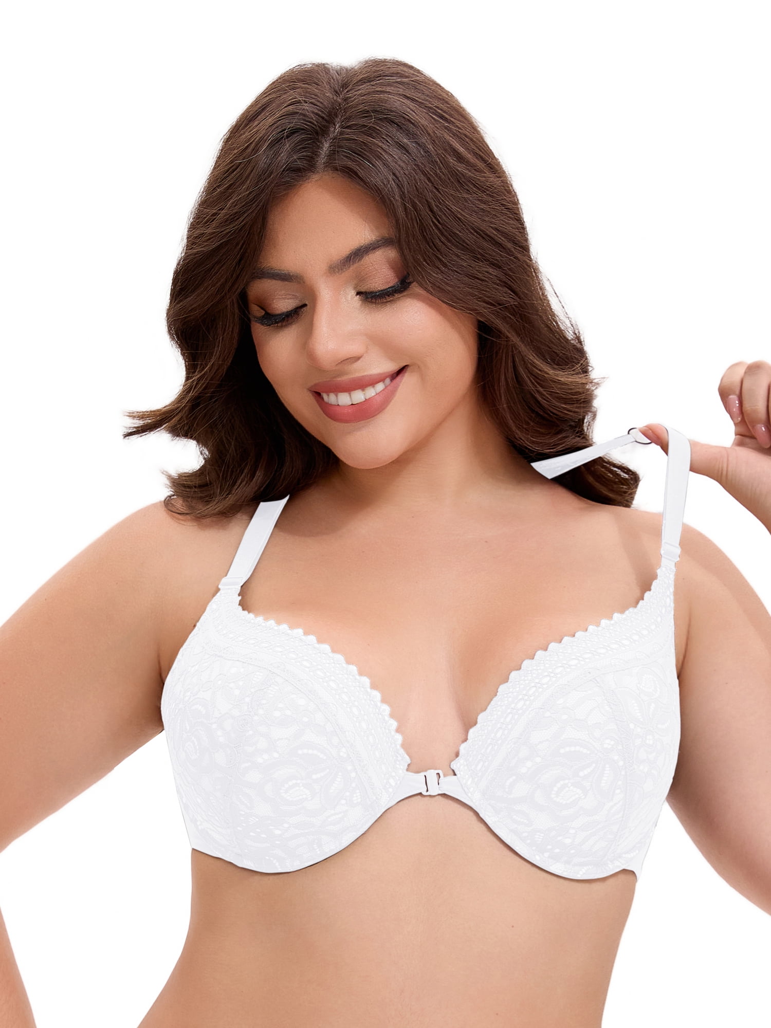 Unique Bargains Women's Lace Front Closure Push Up Underwire Bras White 46 C
