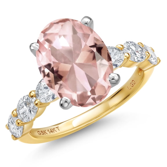 Gem Stone King 14K Two Tone Gold Peach Nano Morganite and Lab Grown Diamond Engagement Ring for Women | 5.63 Cttw | Oval 12X10MM | Gemstone October Birthstone | Size 5
