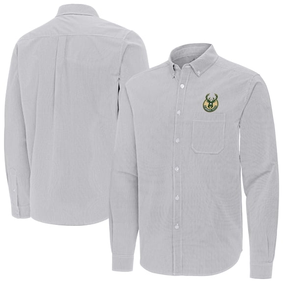 Men's Antigua Gray Milwaukee Bucks Porter Woven Long Sleeve Button-Down Shirt