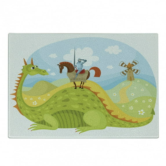 Fantasy Cutting Board, Knight Don Quixote Horse on Dragon Valley Medieval Image, Decorative Tempered Glass Cutting and Serving Board, Small Size, Apple Green Sky Blue, by Ambesonne