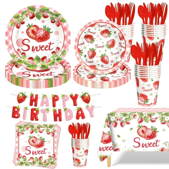 Ayieyill 170Pcs Happy Birthday Decorations Kit, Strawberry Birthday Party Supplies Set for 24 Guests, Includes Plates and Cups and Napkins Straws Sets