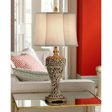 - Regency Hill Antique Table Lamp Classic Gold Open Scroll Off White Oval Shade for Living Room Family Bedroom Bedside Nightstand