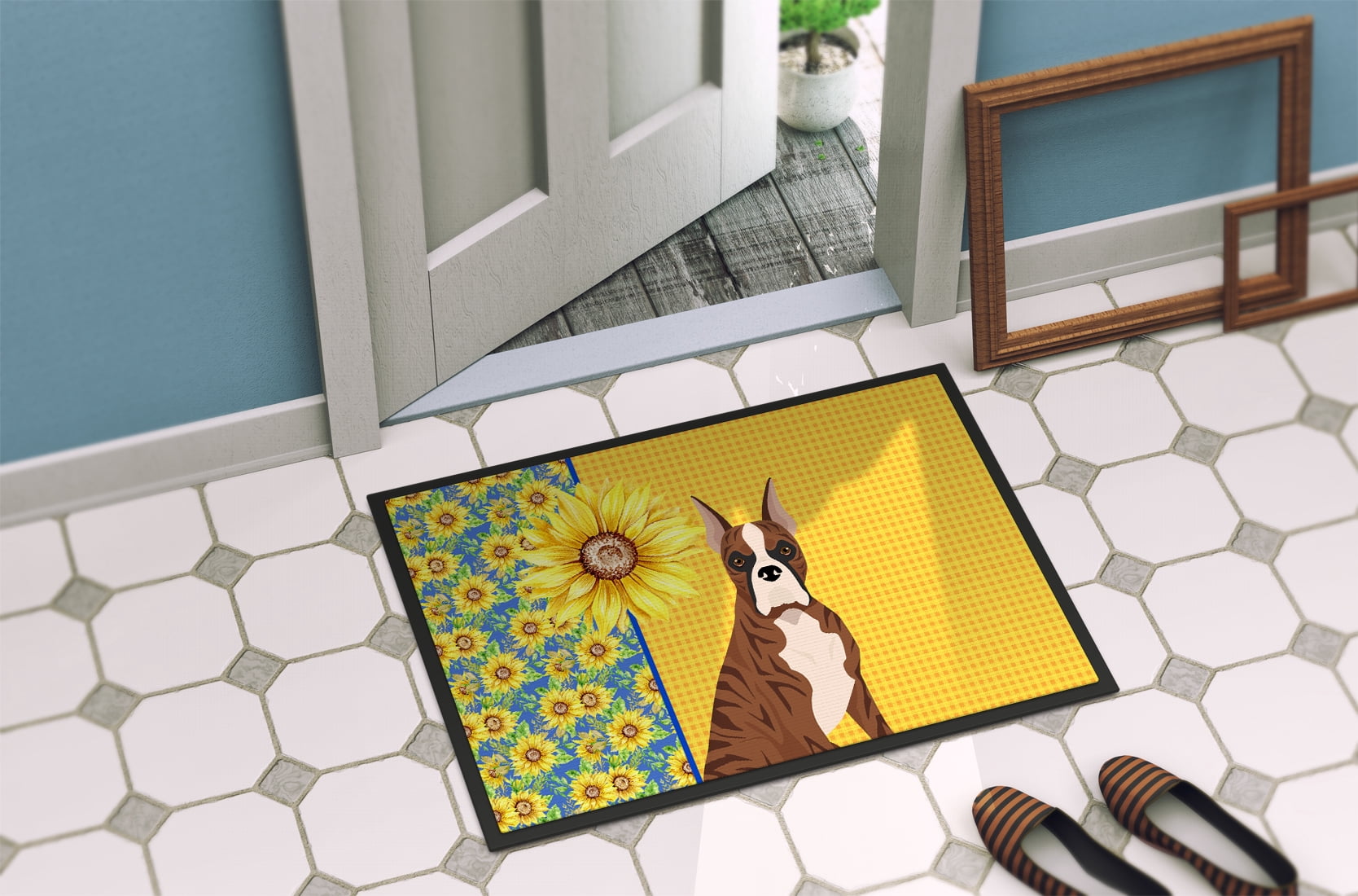 Summer Sunflowers Red Brindle Boxer Indoor or Outdoor Mat 18x27 27 in x 18 in
