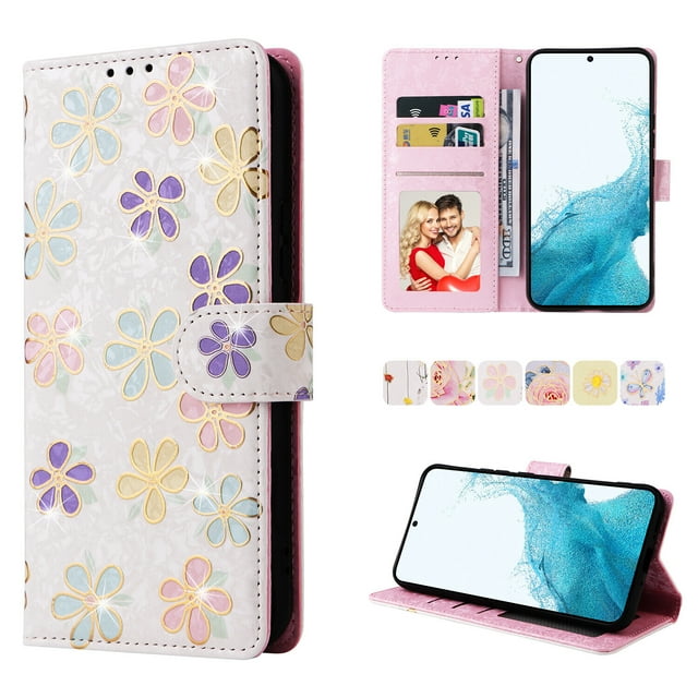 Compatible avec Samsung Galaxy S23 FE 5G Étui Rétro Fleur Dorée Cuir PU Portefeuille Blocage RFID