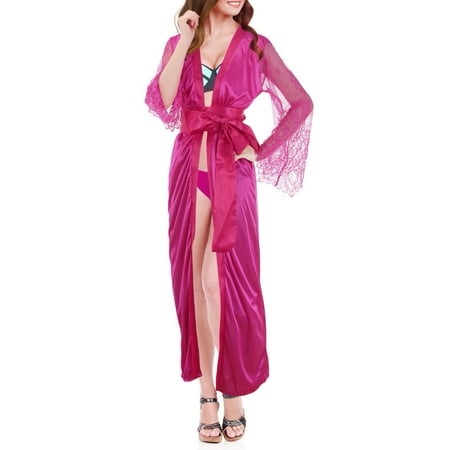 BYHONG Sleepwear Long Nightgown Robe Satin Women Lingerie Silk Lace Nightdress Sexy Hot Pink L