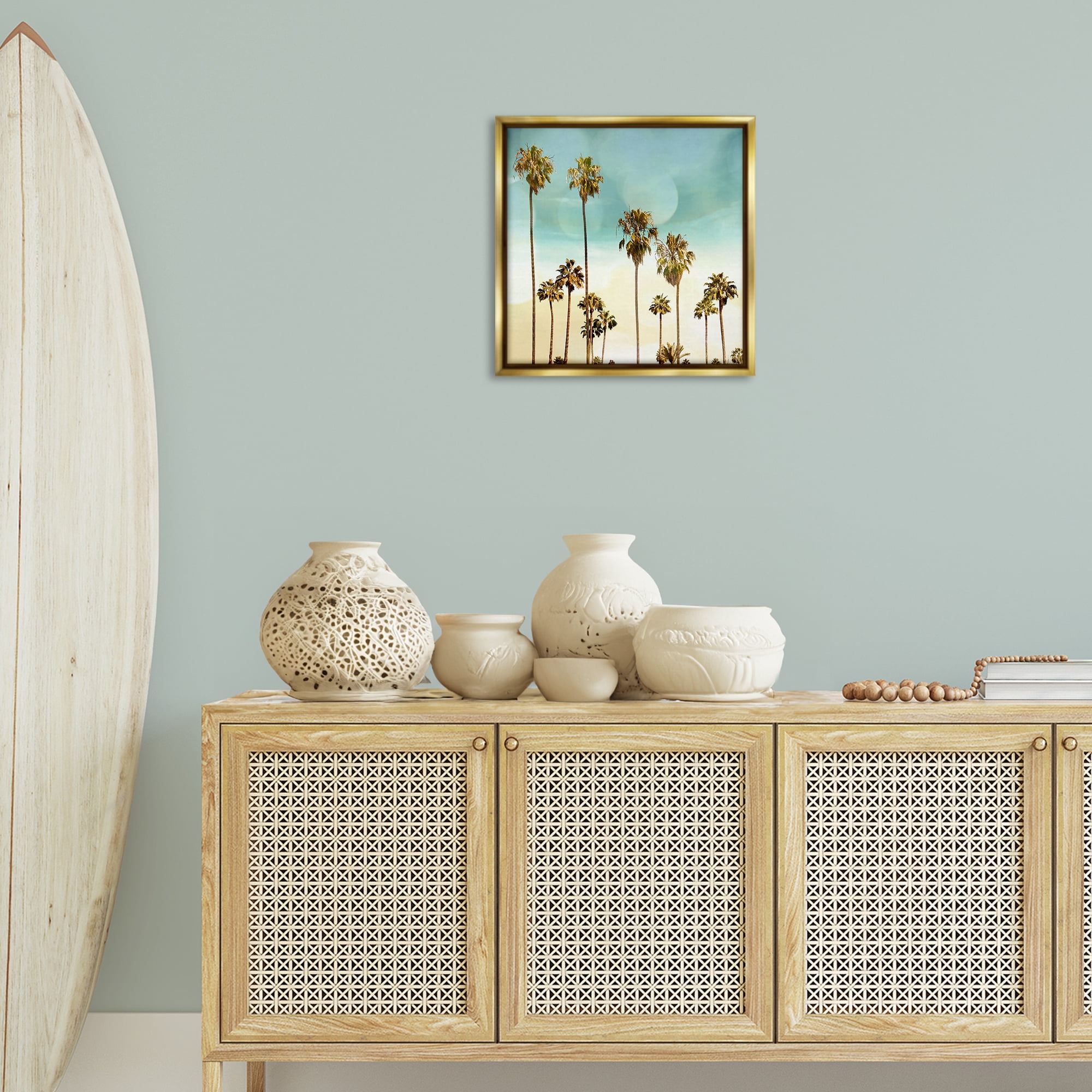Stupell Industries Palm Tree Beach Sky Nautical & Beach Painting Gold Floater Framed Canvas Art Print Wall Art, 18 x 18