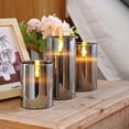 thumbnail image 5 of Velas sin llama de vidrio gris, velas de pilar LED que funcionan con batería con control remoto y temporizador, velas radiantes, cera real, juego de 3, D3 x H4 5 6 vidrio gris, 5 of 5