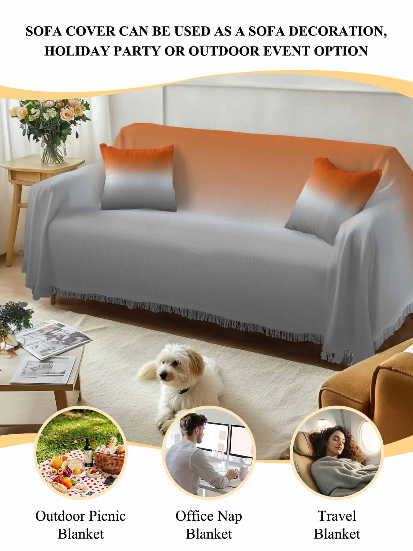 Burnt Orange Gray Ombre Couch Cover, Modern Gradient Abstract Art Oversized Sofa Cover Blanket for 3 Cushion Couch, Sectional Sofa Slipcover Furniture Protector for Living Room Bedroom 71''x150''