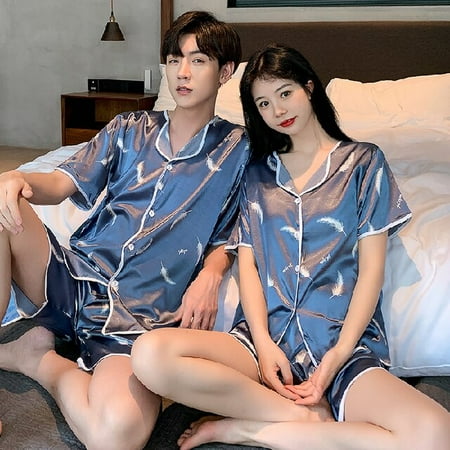 

DanceeMangoo Silk Pajamas Young Lover Pajamas Fake Silk Women Short-sleeve Summer Pyjama Loose Home Couple Pijama Set Soft Men Sleepwear Top