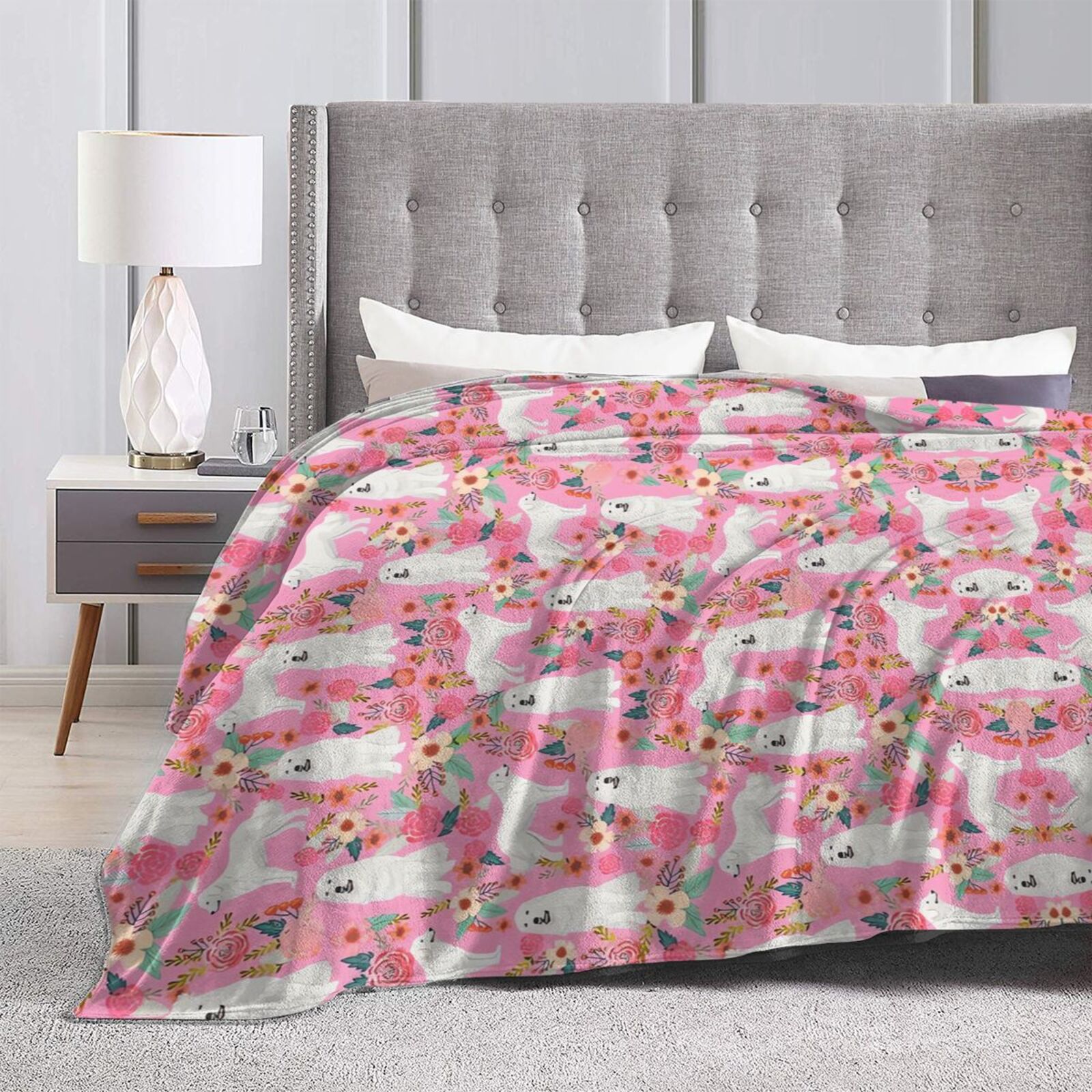 Wijzvio Great Pyrenees Dogs Pink Rose Flower Floral Throw Blanket Soft Fuzzy Fleece Blanket For Couch Bed Living Room Decoration 60"X50"