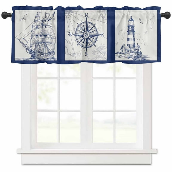 Nautical Navy Valances for Windows Farmhouse Kitchen Curtains Valances Rod Pocket Valance Curtains for Kitchen Windows Blue Lighthouse Boat Compass Ocean Window Valances for Bathroom Bedroom 54"x18"