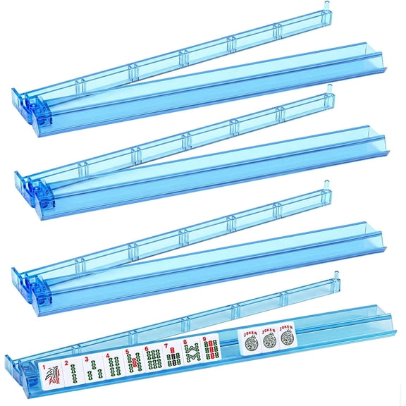 Set of 4 All-in-One Mahjong Tile Rack & Pusher – Blue Clear Acrylic Mahjong Rack and Pusher Combo, Modern American Mahjong Tile Racks, No Assembly Needed