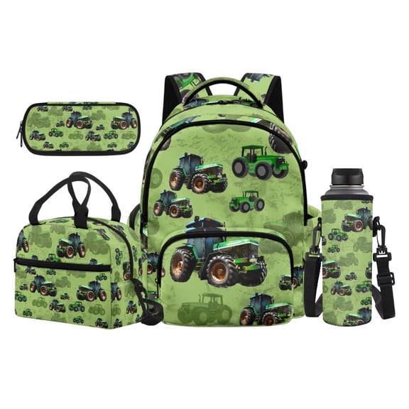 Yuyamidu Green Tractor 4Pcs School Backpack Set for Boys Girls Preschool Kindergarten Primary Students Kids Shoulder Bag with Lunch Bag, Pencil Case & Water Bottle Bag
