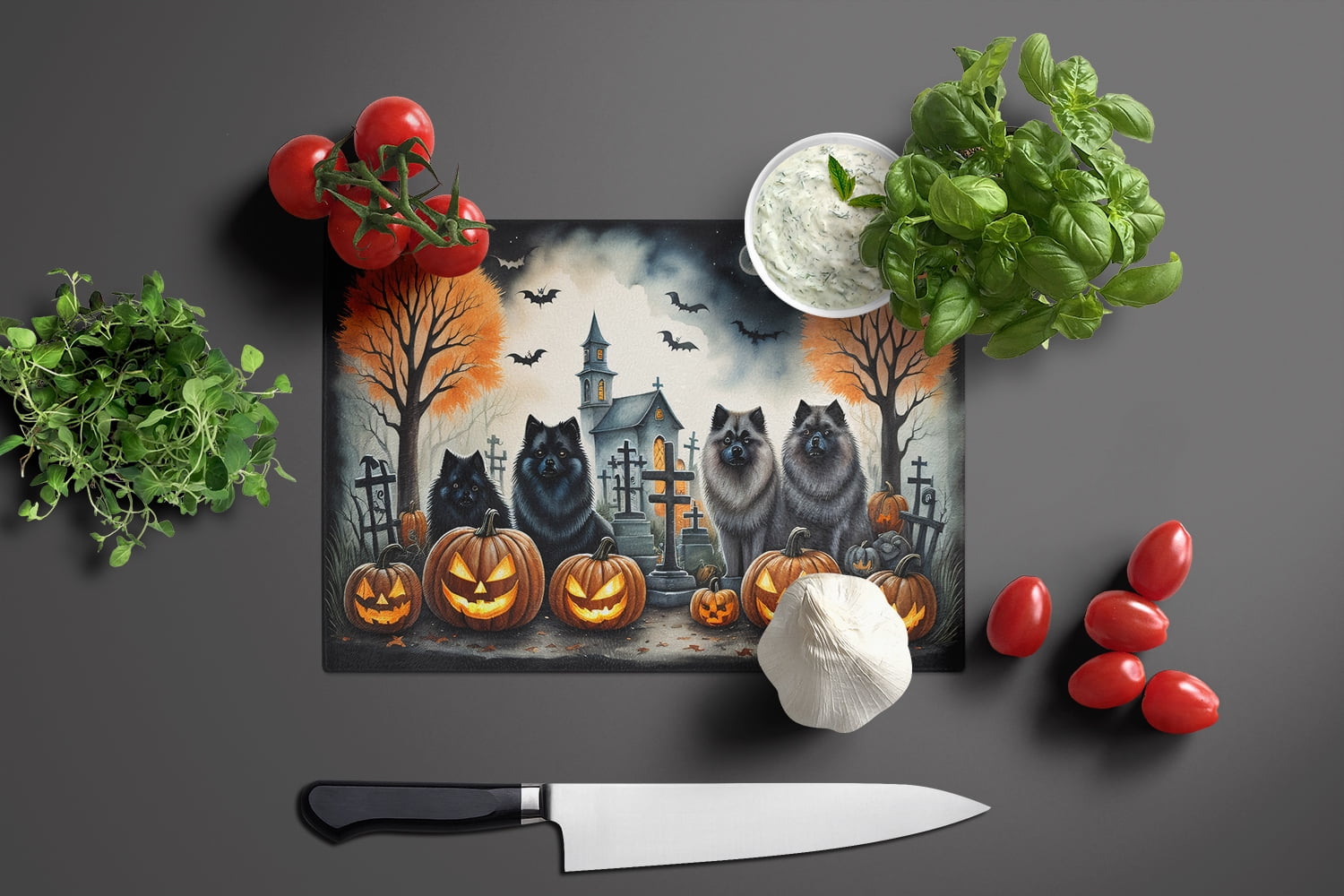 Keeshond Spooky Halloween Glass Cutting Board Large 12 in x 15 in