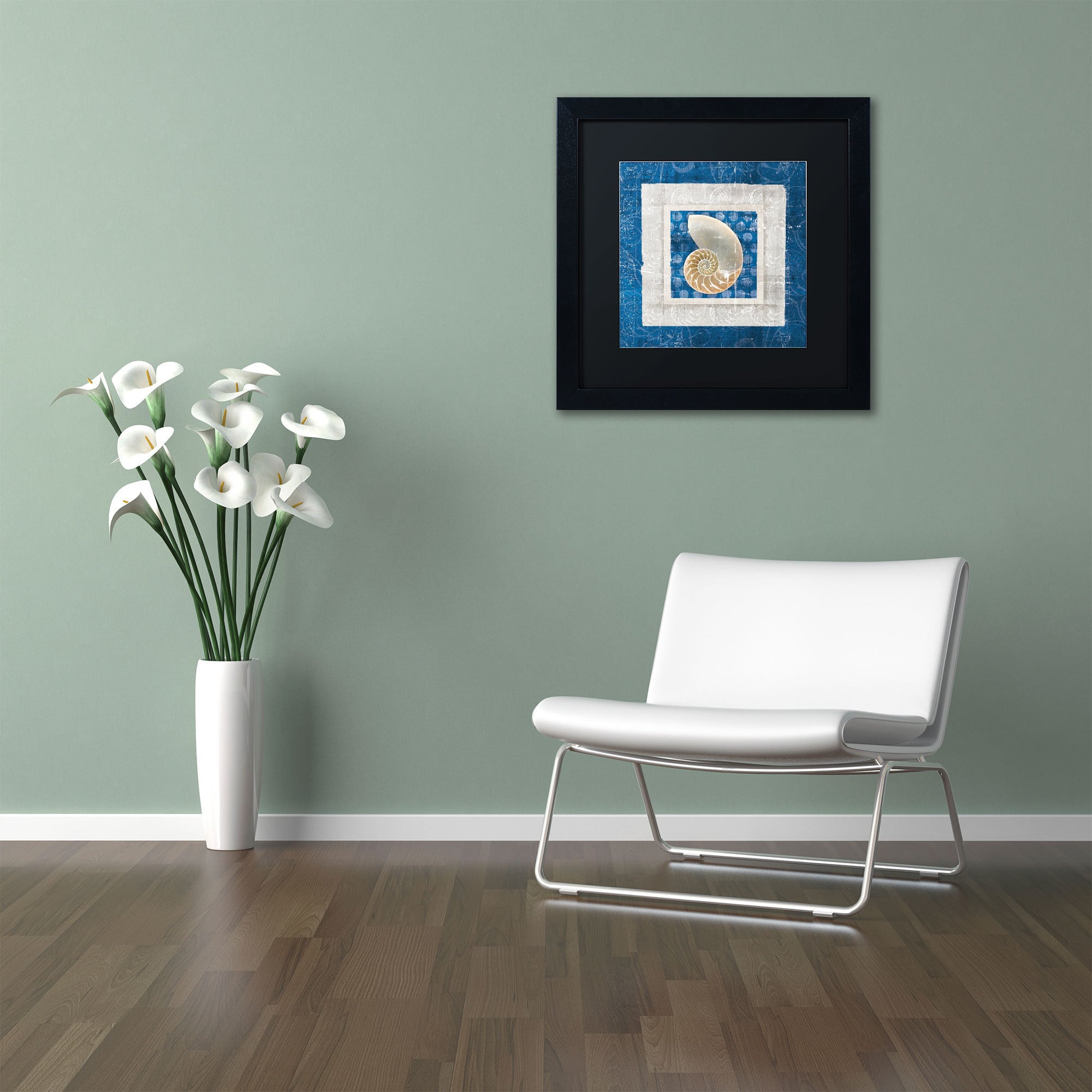 Trademark Fine Art "Sea Shell II on Blue" Canvas Art by Belinda Aldrich, Black Matte, Black Frame