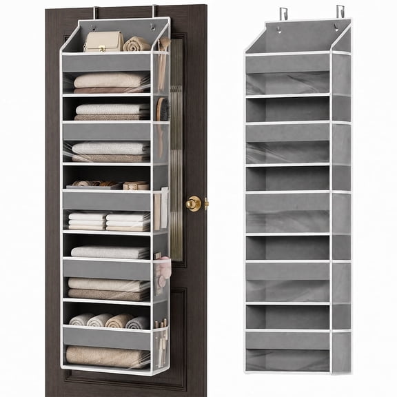 PLUMEBAY Over The Door Organizer, 5 Layer Hanging Storage with Clear Window and Mesh Side Pockets, Gray