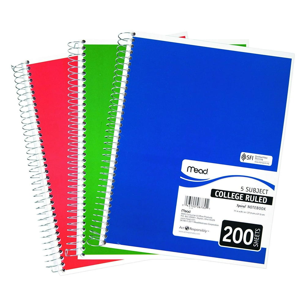 Mead spiral 5 subject notebook college ruled 8 5 x 11 asst colors 