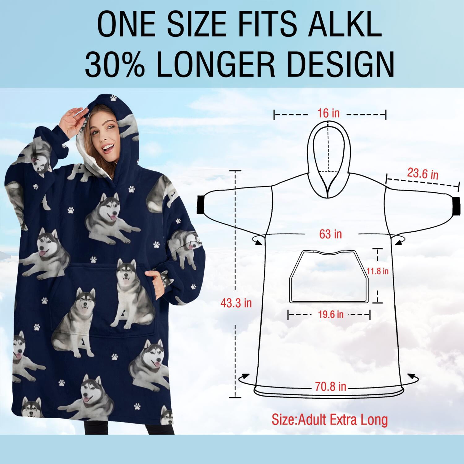 Oversized Wearable Blanket Hoodie,Siberian Husky Sherpa Blanket Hoodie with Super Pockets,Super Warm Fuzzy Pullover for Women & Men