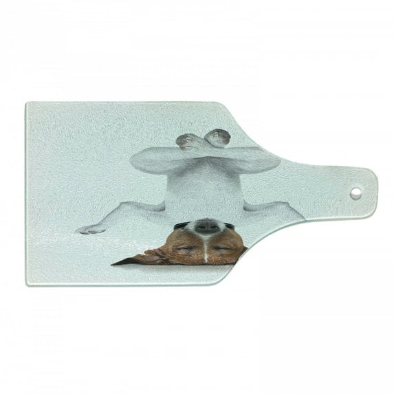 Yoga Cutting Board, Dog Upside down Relaxing Closed Eyes Meditating Calm Therapy Humor Animal Print, Decorative Tempered Glass Cutting and Serving Board, Wine Bottle Shape, White Brown, by Ambesonne