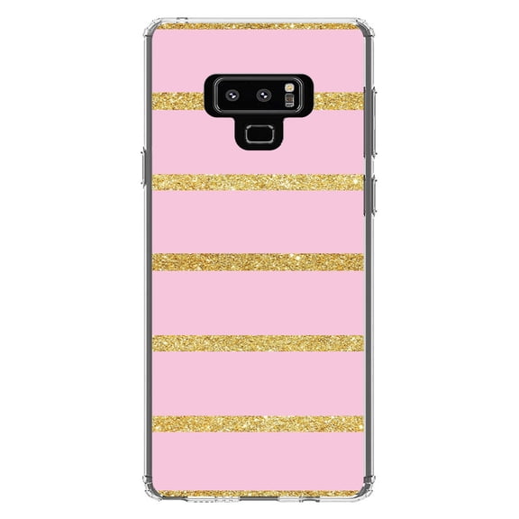 DistinctInk Clear Shockproof Hybrid Case for Samsung Galaxy Note 9 - TPU Bumper, Acrylic Back, Tempered Glass Screen Protector - Pink & Gold Print - Horizontal Stripes Pattern