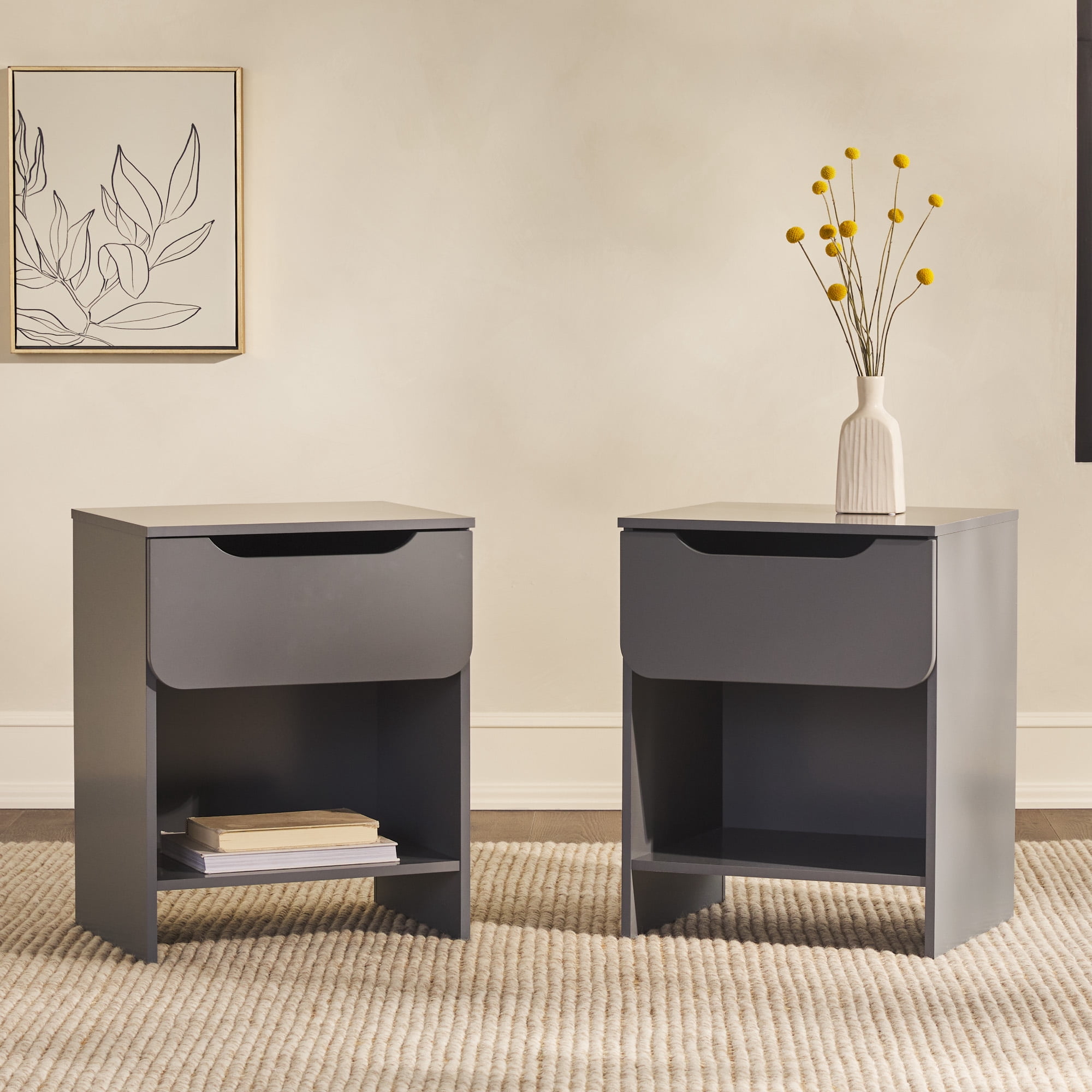 Walker Edison Modern Scandi 1-Drawer Nightstand, 2 Pack, Dark Grey