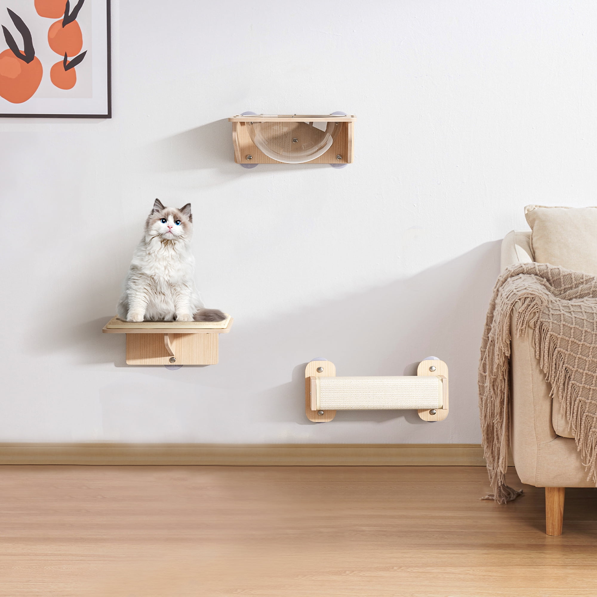 Pefilos Wall Mounted Cat Tree for Indoor Cats with Capsule Bed, Cushioned Shelf, Scratcher, Cat Wall Shelves and Perches Set of 3, Beige Pefilos Wall Mounted Cat Tree for Indoor Cats with Capsule Bed, Cushioned Shelf, Scratcher, Cat Wall Shelves and Perches Set of 3, Beige