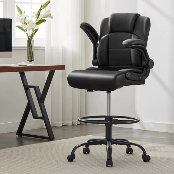 500lbs Ergonomic Drafting Chair,Tall Office Chair for Standing Desk with Flip-Up Armrests,Adjustable Foot Ring & Height, High Leather Executive Office Chair for Home,Drawing or Counter Height Use