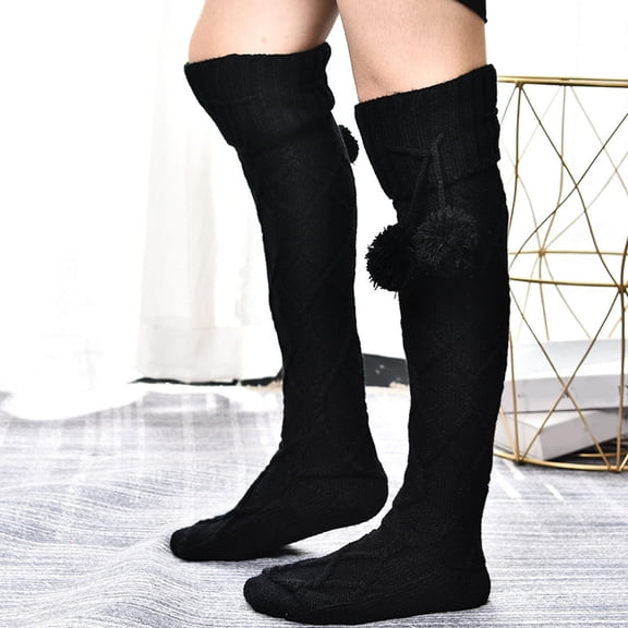 Women Autumn Winter Knitted Slouchy High Tube Over Knee Woolen Socks Pom Pom Breathable Long Hosiery Black
