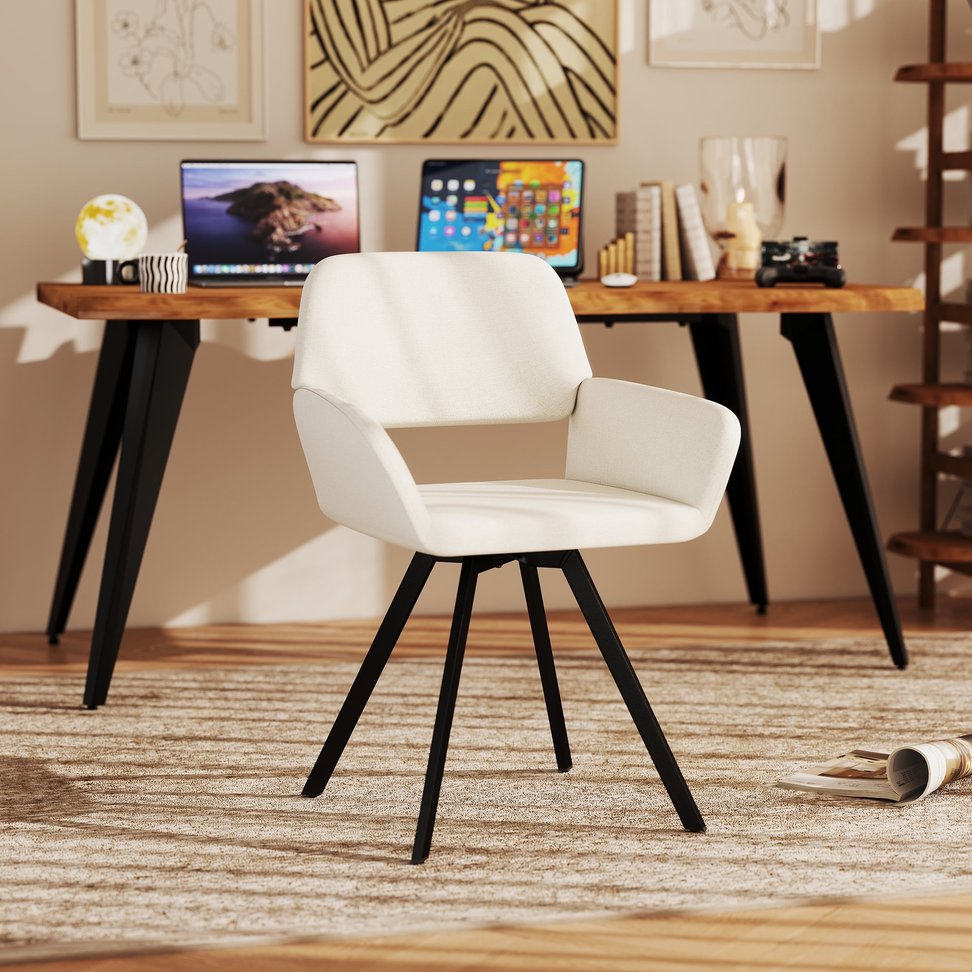 Homy Casa Set of 2 Upholstered Office Desk Chair with Swivel Base Armrests for Modern Home Office, Beige Fabric