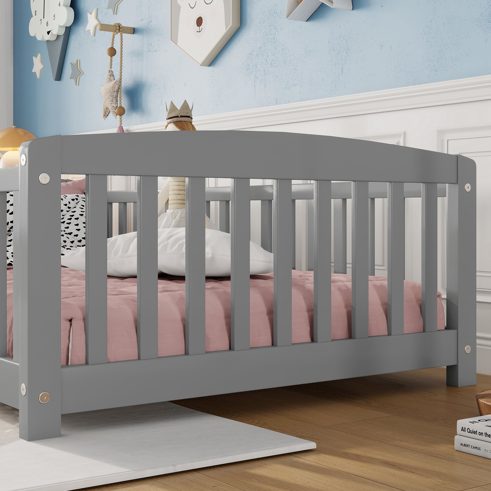 Alvantor Twin Size Floor Bed with Entrance and Guardrails – Low Montessori Wood Bed Frame for Toddlers, Grey