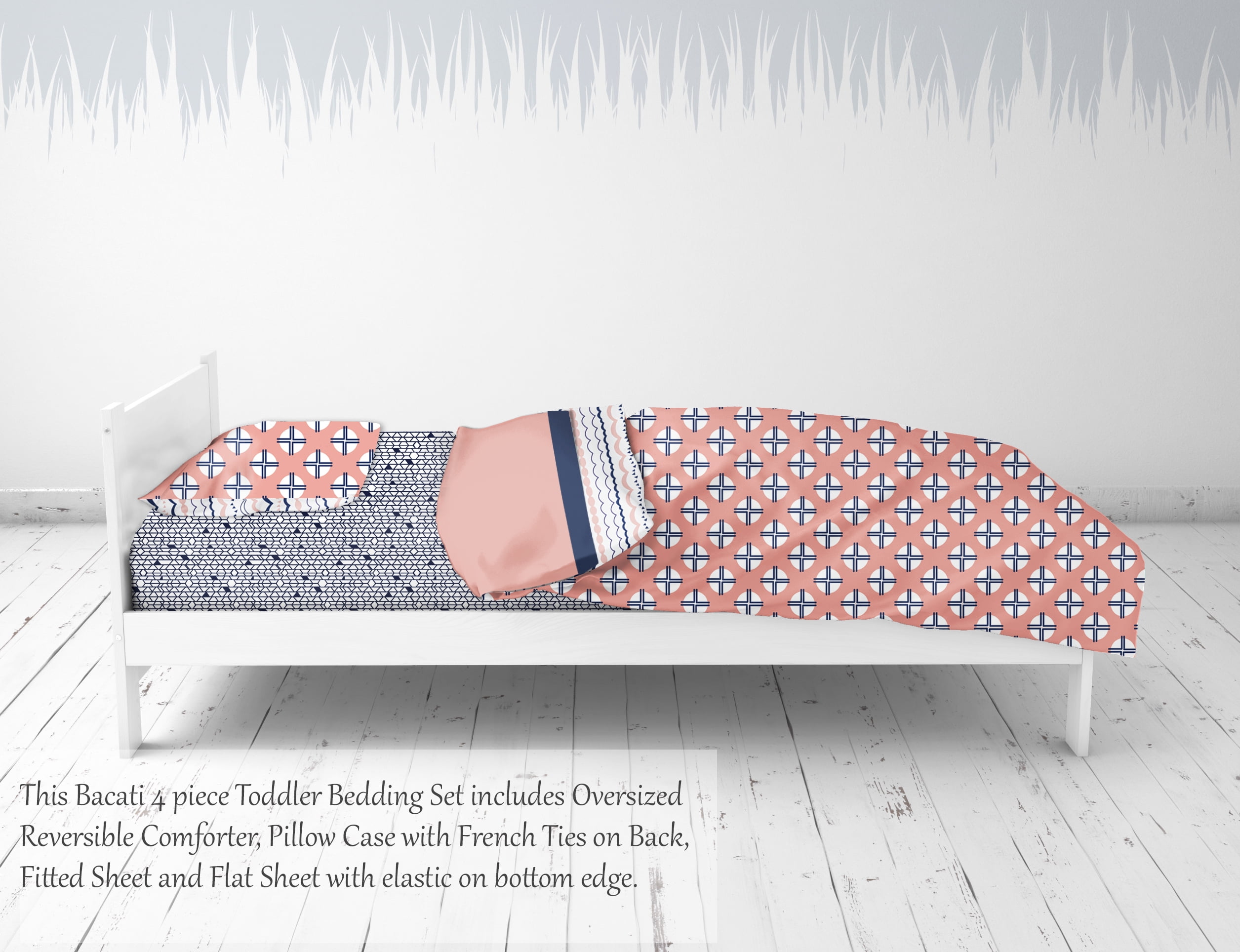 Bacati - Olivia Tribal Coral/Navy 4-Piece Toddler Bedding Set 100% Cotton percale fabrics