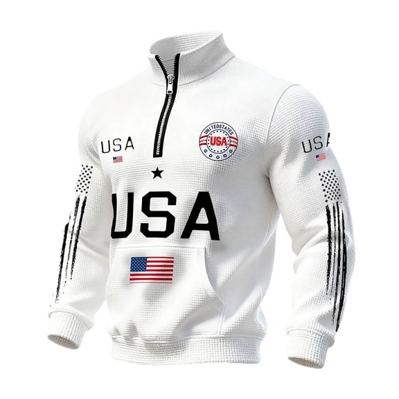 IWRICH Men's Quarter Zip USA Flag Waffle Sweatshirts 250th Anniversary 1776-2026 Pullover Tops Collar Casual Plus Size Tees White XL