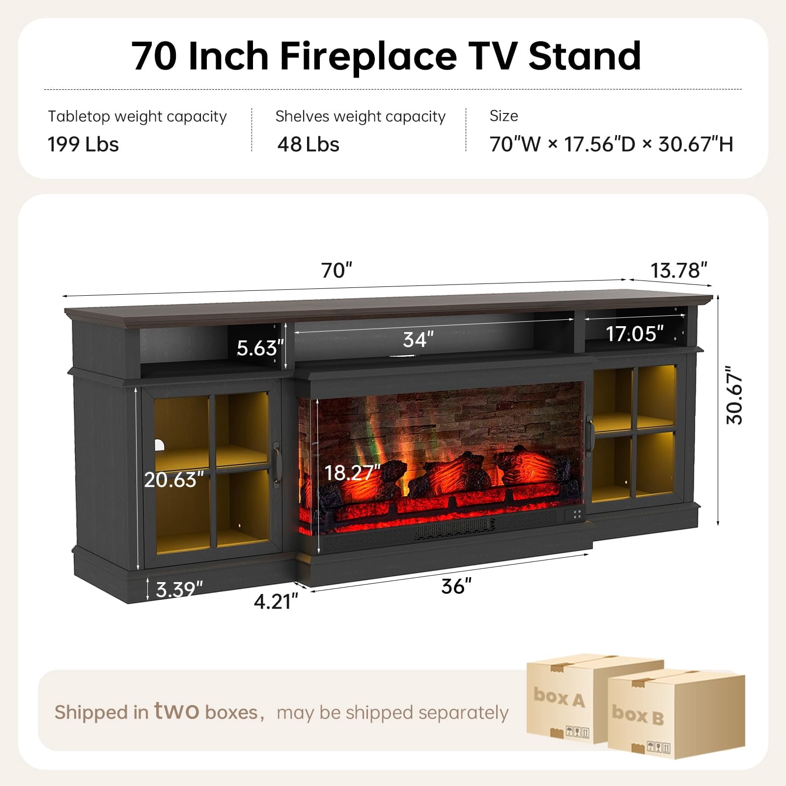 Sonegra 36 Inch Fireplace TV Stand with LED Light, Entertainment Center with 3-Sided Glass Fireplace for TVs up to 80", TV Console, Black