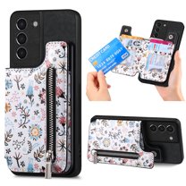 Nalacover Case for Samsung Galaxy S21 Wallet Case with Card Slots Zipper Pocket, Floral Pattern PU Leather Flip Kickstand Cover for Women Girls, RFID Blocking Shockproof Case, Black
