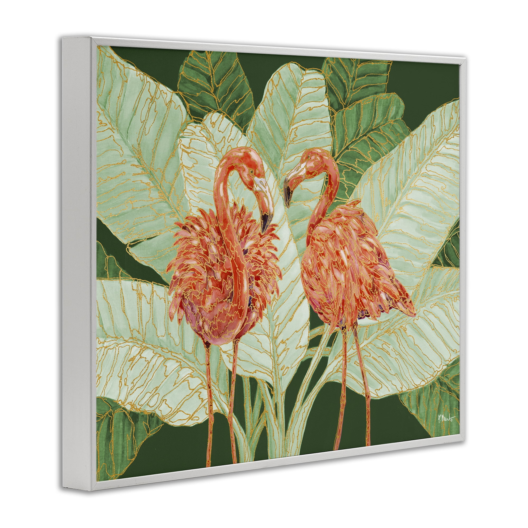 Stupell Industries Martinique Flamingos & Leaves Animals & Insects Painting White Framed Art Print Wall Art, 20 x 16