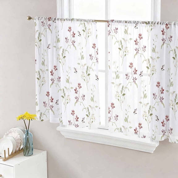Elegant Spring Floral Sheer Curtains 54 Inch Length 2 Panels Set, Watercolor Birds Summer Botanical Voile Window Treatment Rod Pocket Short Kitchen Curtains Drapes for Bedroom 52"x54"x2