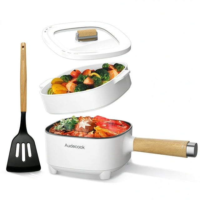 Audecook Hot Pot Electric 2L, Cermic Glaze Non-Stick Frying Pan 8 Inch, Portable Travel Cooker for Ramen/Steak/Fried Rice/Oatmeal/Soup, with Dual Pow